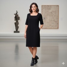 Lafayette 148 New York Women Black Wool Square Neck Cocktail Sheath Dress 8