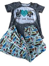 Girls 2 Piece Fishing Themed Outfit Flared Legs Size 5XL Ages 10-12 T