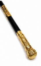 Ornate Black Walking Stick with Brass Floral Details and Decorative Handle