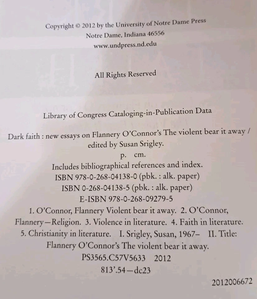 DARK FAITH by Susan Srigley-New Essay on Flannery O'Connor's The Violent Bear It Foto 3 de 4