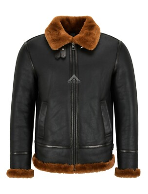 Men B3 Sheepskin Jacket Black Dark Ginger Fur Real Shearling Pilot Bomber Jacket