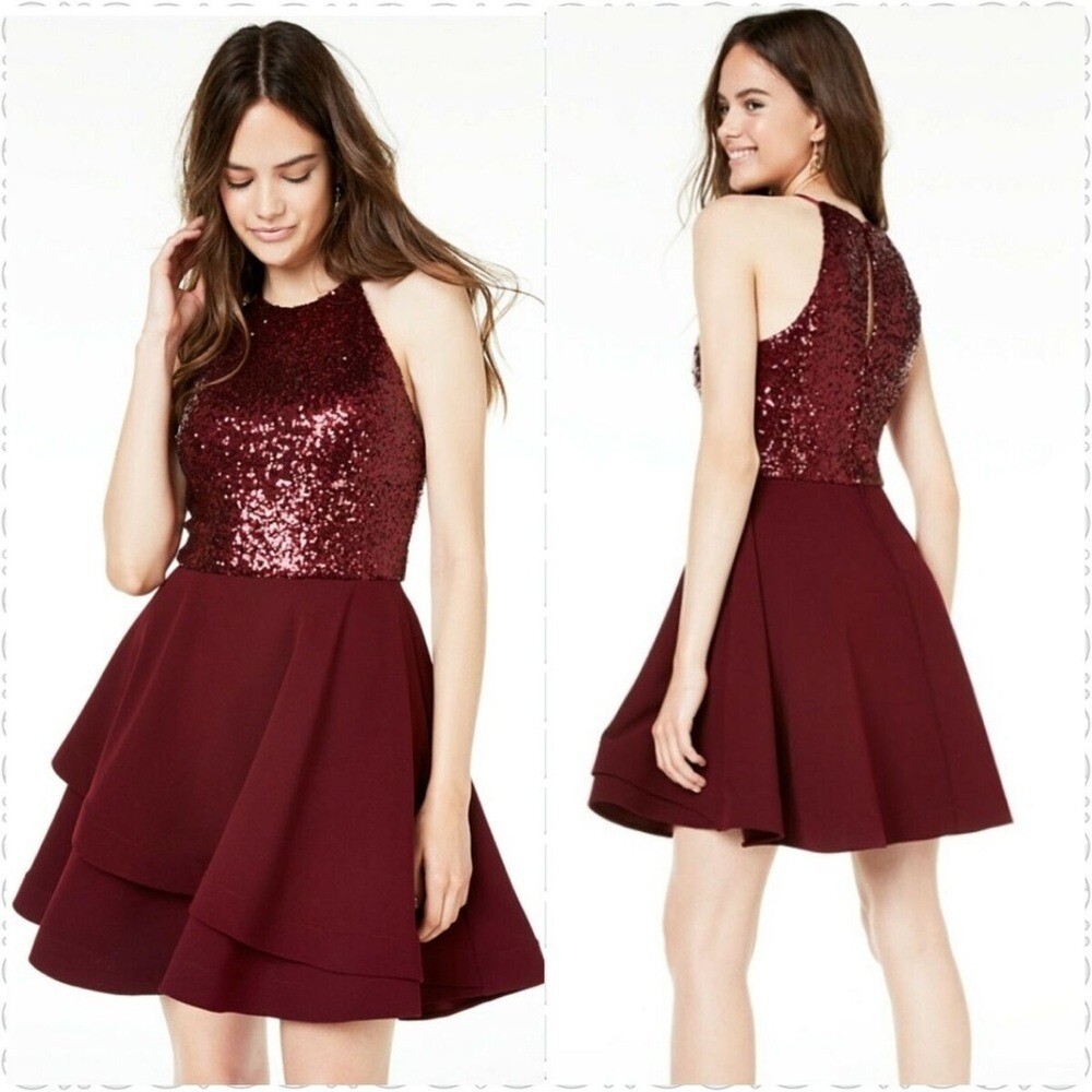 B Darlin Juniors' Sequined Halter Fit & Flare Dress Burgundy Size 13/14 party