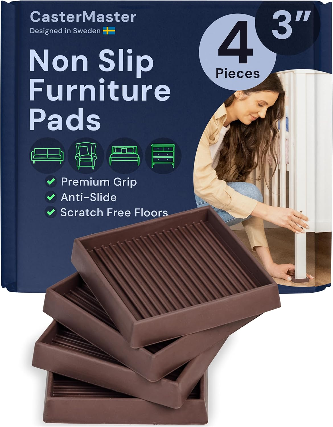 3X3 Square Rubber Furniture Caster Cups - Set of 4 Non-Slip Brown Floor Protecto