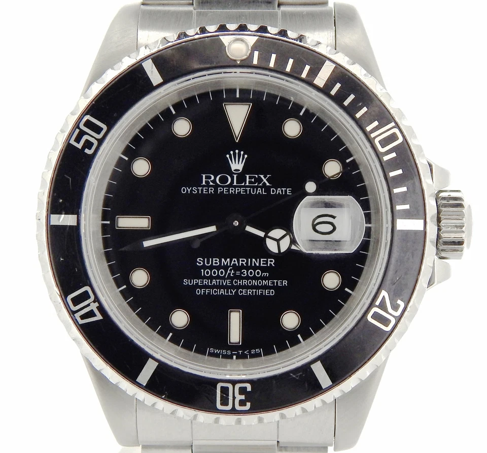 Rolex Submariner Fecha Hombre Acero Inoxidable Sub Reloj Esfera Negra y Bisel 16610
