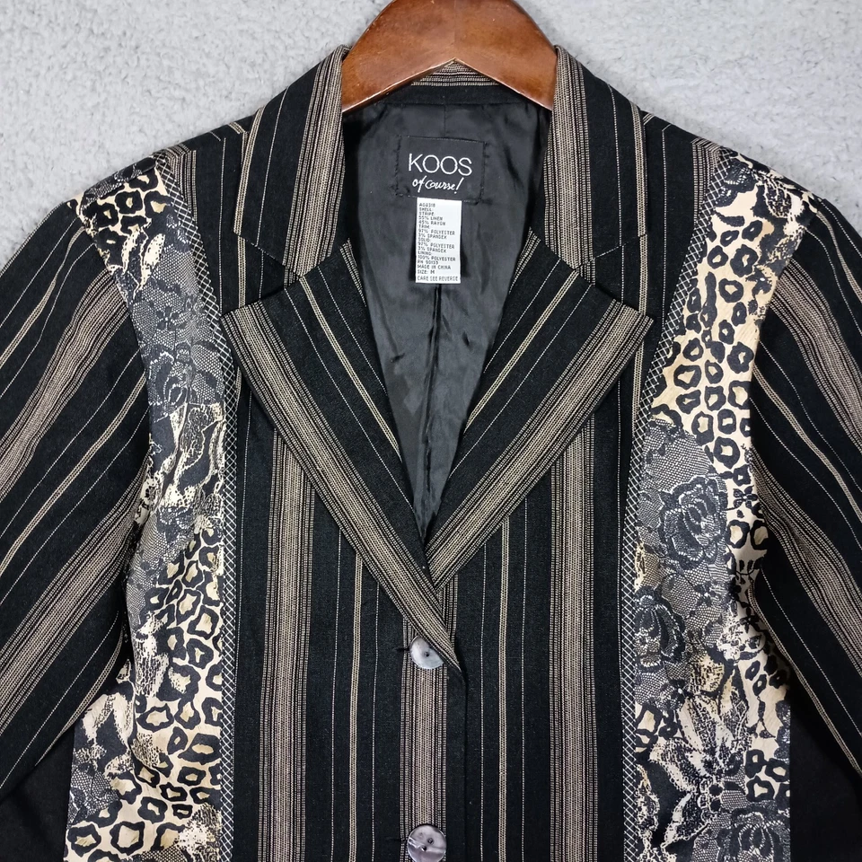 Koos of Course Blazer Women Medium Black Tan Animal Print Linen Blend Jacket Vtg - Image 3 of 4
