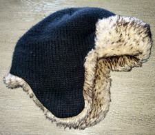 boys BLACK KNIT WINTER HAT PLUSH TAN/BROWN FAUX FUR LINING ONE SIZE 4-8 WARM 