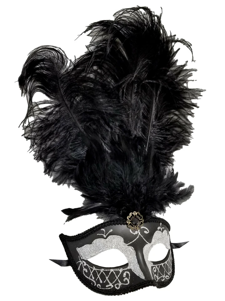 Black Silver Gem Venetian Feather Mask Mardi Gras Prom  - Image 2 of 2