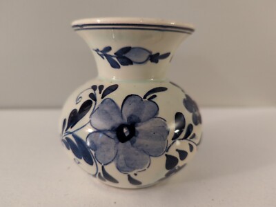 Vintage Delft Blauw Ceramic Flower Bud Vase Hand Painted Floral Pattern Holland 