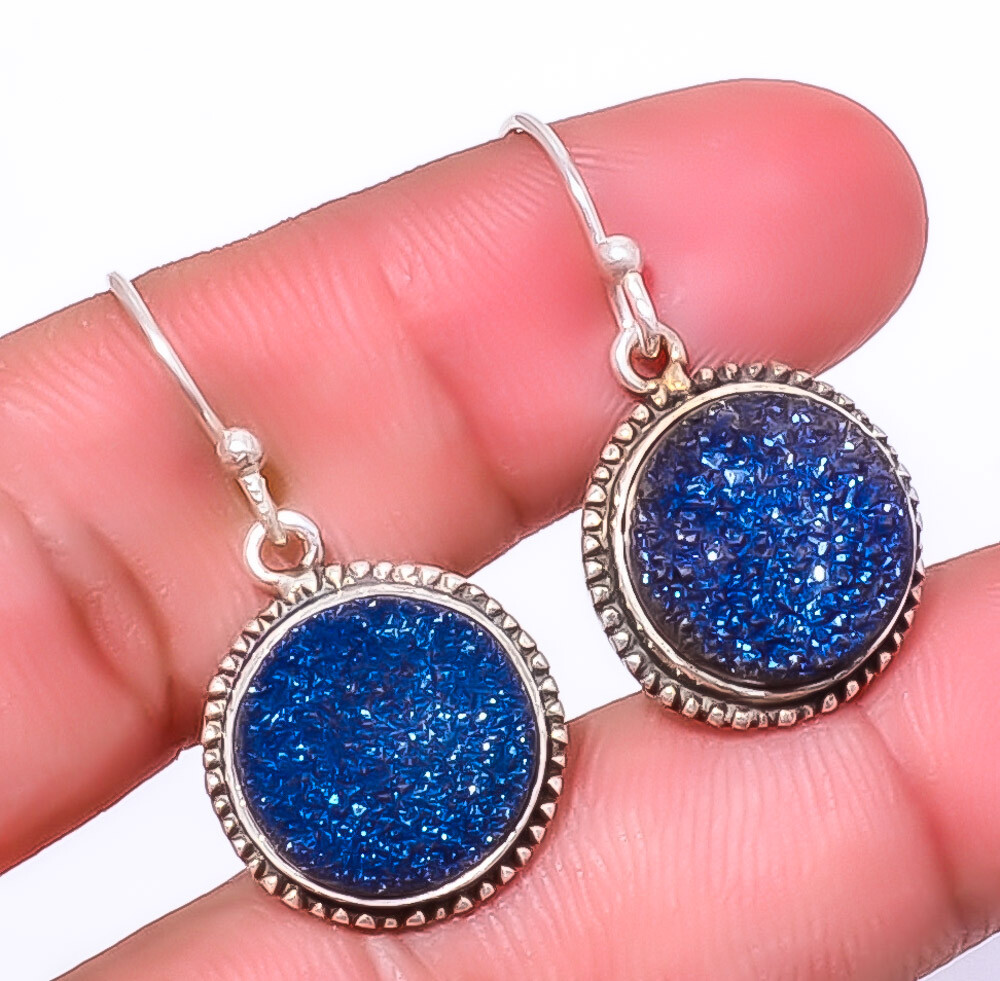 Titanium Blue Agate Drusy 925 Sterling Silver Jewelry Earring 1.37