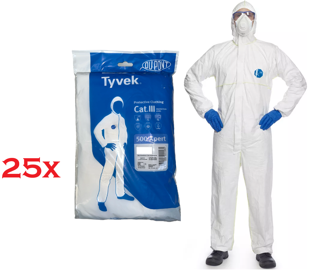 25 x DuPont Tyvek 500 Xpert Hooded Protective Disposable Coverall