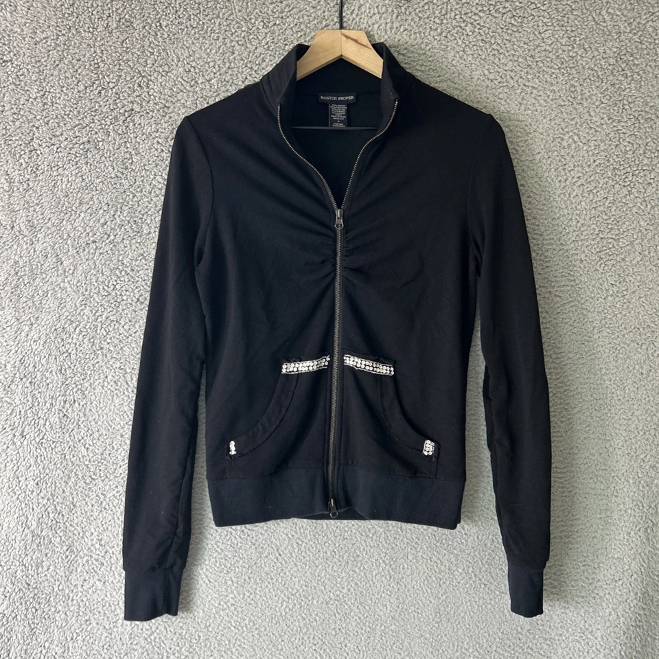 BOSTON PROPERY Y2K Bling Sudadera con Capucha Mujer Pequeña Negra Flor De Lis Estrás Chaqueta Foto 2 de 4