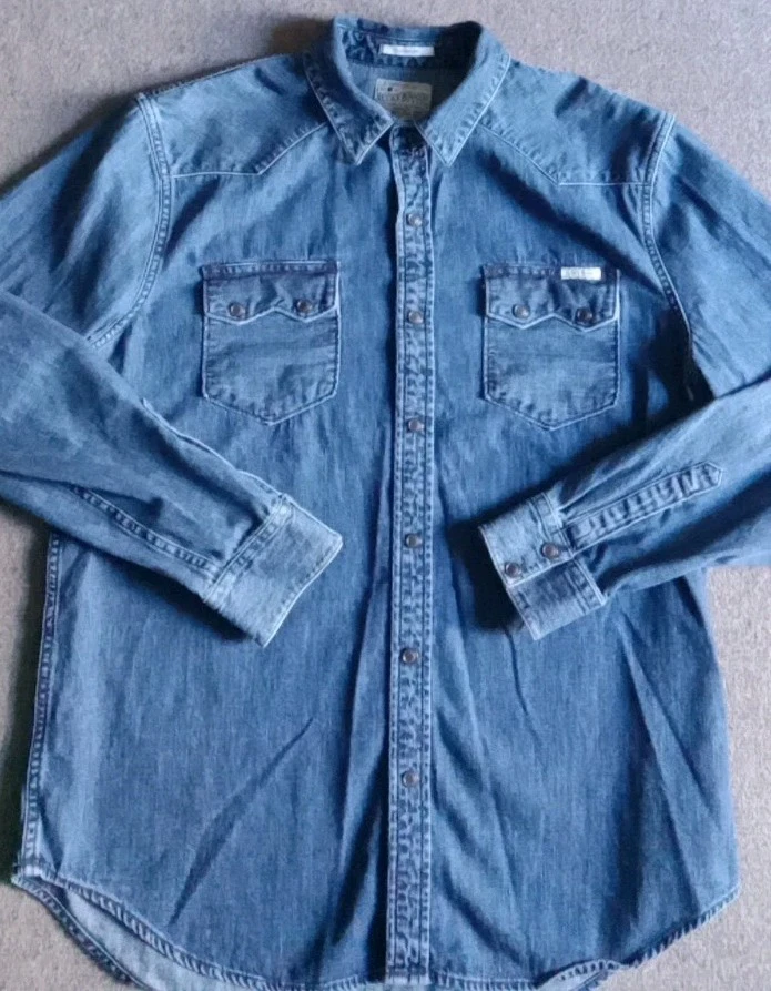 Camisa Lucky Brand Para Hombre Grande Azul Denim Perla Occidental Bolsillos Diente de Sierra A Presión Usada en Excelente Condición Foto 2 de 4