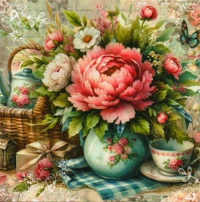 Vintag Summer Blumen - Karten mit Falz ( ca. 17,8 cm x 17,8 cm ) und ein Topper
