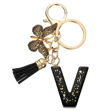 Initial Letter Keychains, Resin Cute Pendant with Butterfly Tassel, Black-V