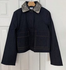 Veronica Beard Barrington Denim Cropped JacketBlue Embellished-Collar - size 6