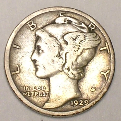 1929 Mercury Winged Head Dime 10 Cents Silver Coin VF