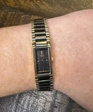 Vintage 90’s Seiko Petite Women’s Watch Dark Gray & Gold Tone Rectangular Dial