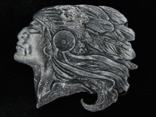 PL29131 VINTAGE 1970s CUT-OUT CHIEF JOSEPH INDIAN ART PEWTER BELT BUCKLE