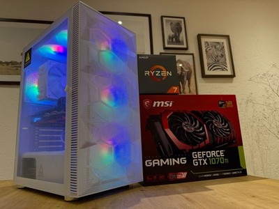 RGB Gaming PC white, AMD Ryzen 7, 16GB RAM, GeForce GTX 1070ti, NVME SSD