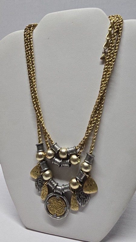 VTG Liz Claiborne Gold/Silver Tone 3 Layered Necklace W/ Charms Signed LCI  18"