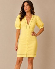Bardot Dina Yellow Mini Dress Short Puff Sleeve Linen Blend Sz 10 Lined NWT
