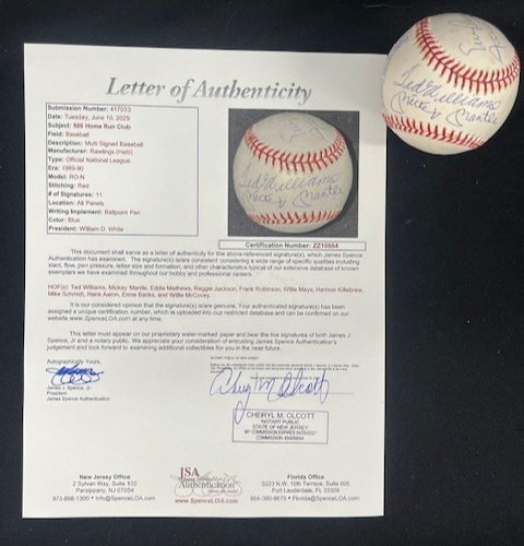 500 Home Run Club, Multi Signed (11) ONL Baseball, JSA LOA, Mickey Mantle 