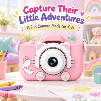 Kids Digital Camera for Girls and boys 64GB 1080P 8X Zoom Pink Cat Toy Gift