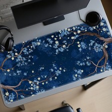 Large Gaming Mouse Pad Blue Floral Cherry Blossom Branch, Cute Kawaii Boho XL O