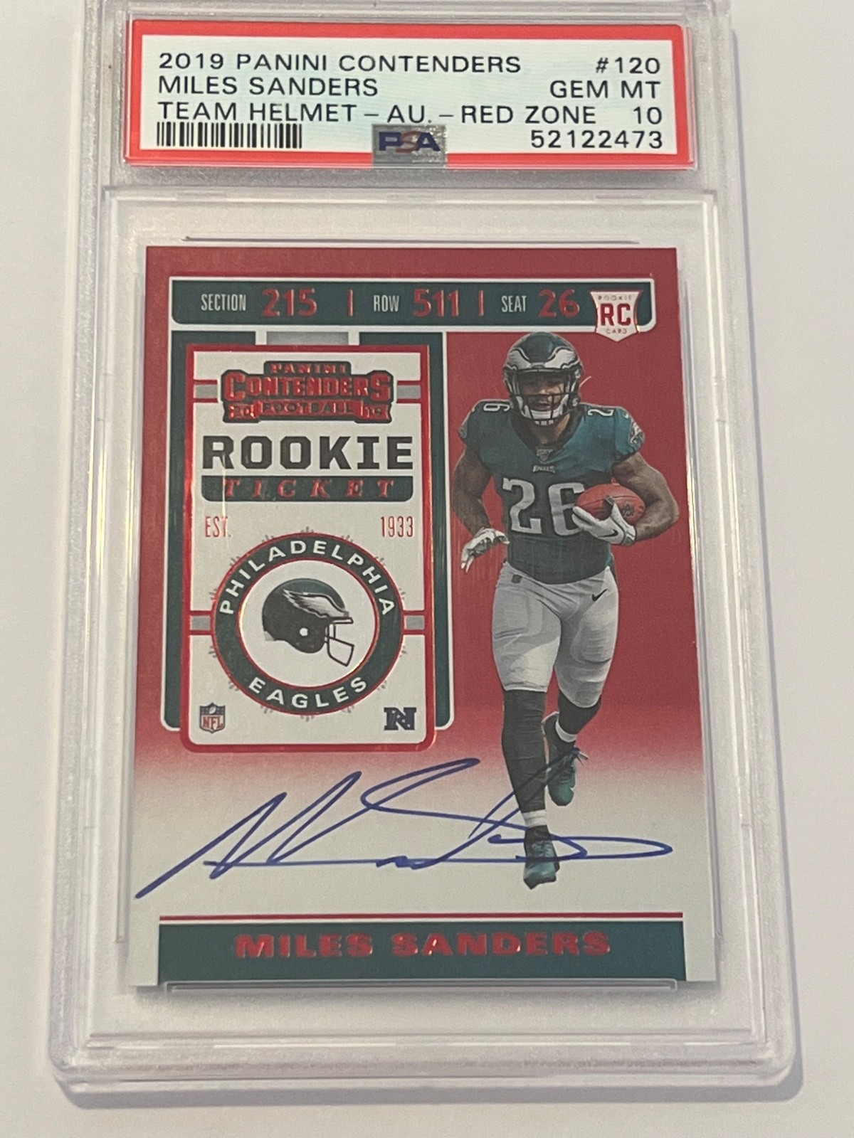 2019 Panini Contenders Miles Sanders Team Helmet Red Zone Rookie PSA 10 #120