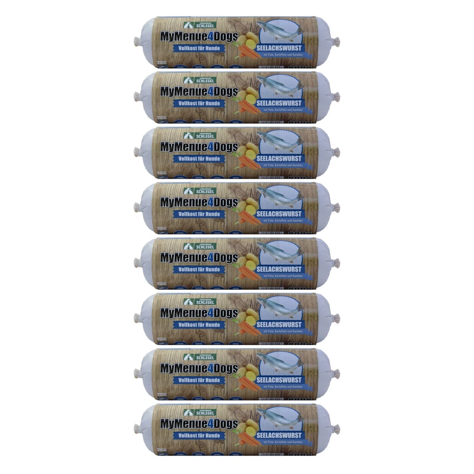 MyMenue4Dogs Hundefutter Seelachswurst 8x 800g Vollnahrung Hundewurst Fisch