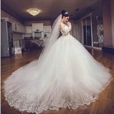 Princess Bridal Gowns Deep V-Neck Lace Long Train Beaded Wedding Dresses Plus SZ
