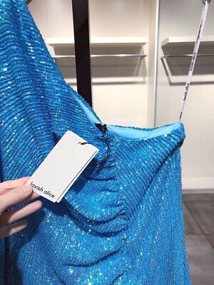 lavish alice blue sequin dress Lavish Alice sequin eyelet a-line midi dress in blue porcelain print