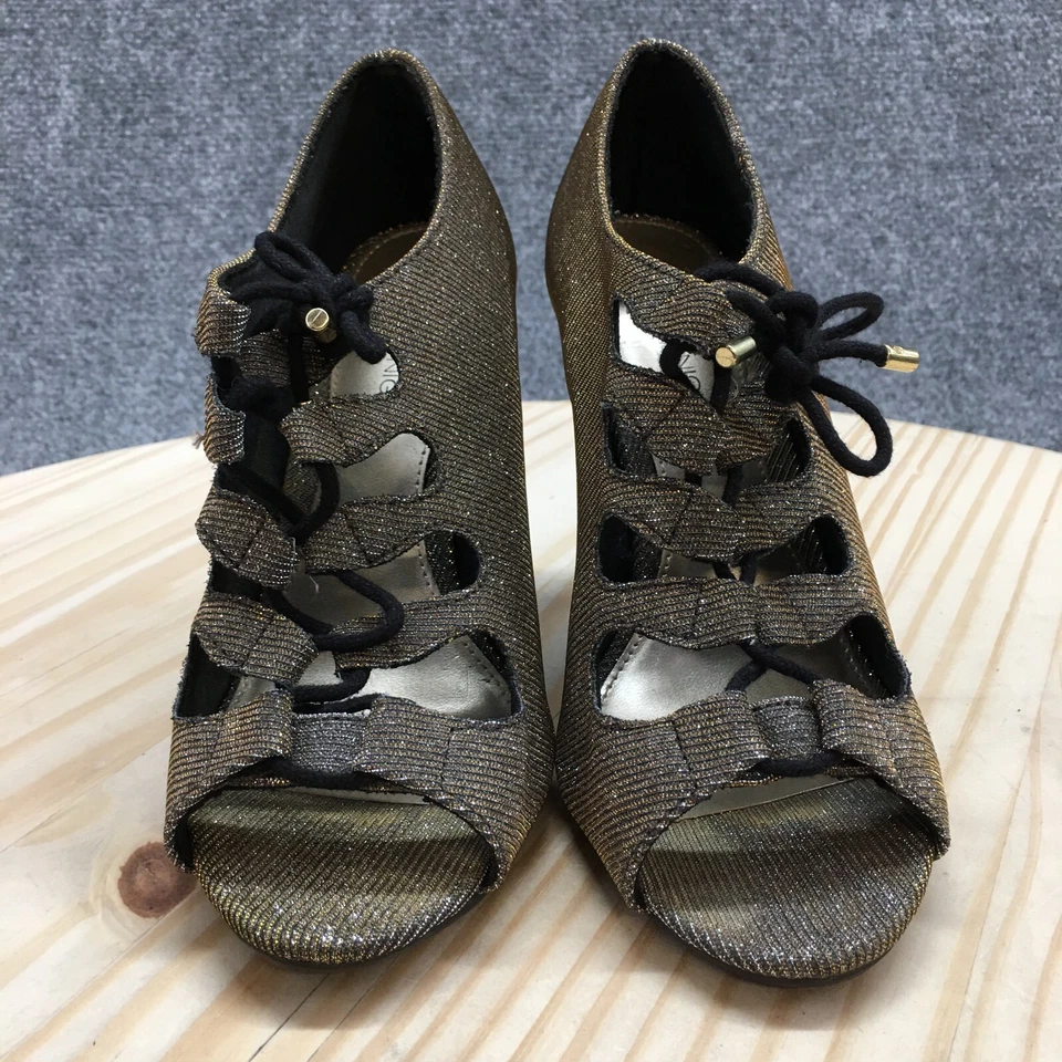 Sandalias de noche Fioni para mujer 6 vestidos con tiras tacón plateado dorado peep brillante Foto 4 de 4