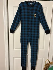 Womens LAZY ONE Sz M Blue & Black Plaid "Bear Cheeks" Trapdoor Flap Jack Pajamas