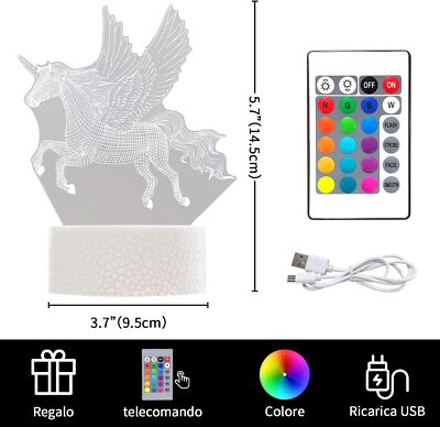Lampada 3D Unicorno Con 16 Colori E Telecomando, Luce Notturna LED A Illusione Ottica Per Bambini