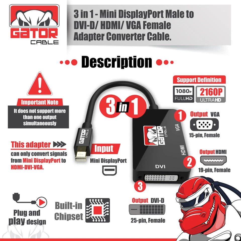 Mini DisplayPort Thunderbolt Male To DVI HDMI VGA Adapter Converter Cable 4 in 1 - Image 3 of 4