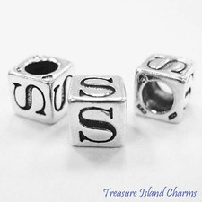 Letter S 925 Solid Sterling Silver Alphabet 7mm Block Bead 5mm Hole Diameter
