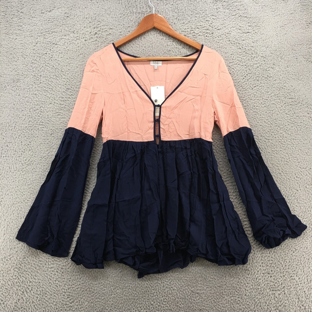 Tobi Button Up Romper Womens S Pink Blue Henley Bell Sleeve Casual Pull On  NEW