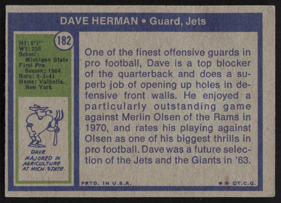 1972 Topps Dave Herman Card 182 New York Jets eBay