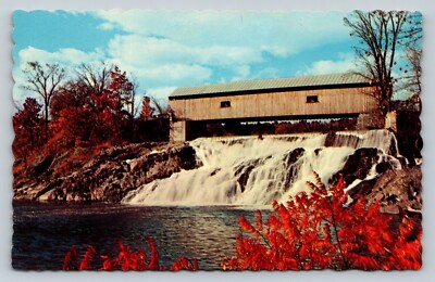 Covered Bridge Vermont Near White River Junction & Waterfall VINTAGE Postcard