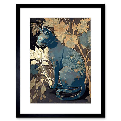 Russische blaue Katze mit Blumenmuster Fell gerahmt Wandkunstdruck Bild 12x16