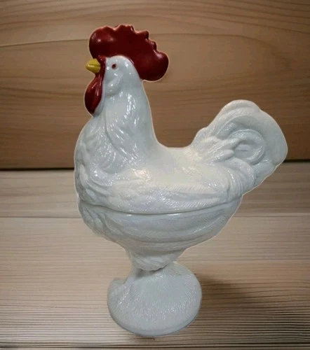 VINTAGE Westmoreland Milk Glass Rooster Covered Candy Dish