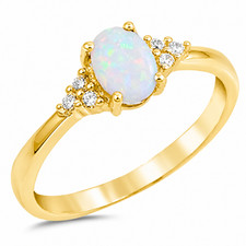 925 Sterling Silver Gold Plated Oval Opal & CZ Ring Ladies October Birthstone