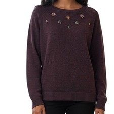 ANN TAYLOR LOFT Dark Plum Rhinestone Embellished Crew Neck Sweater EUC S