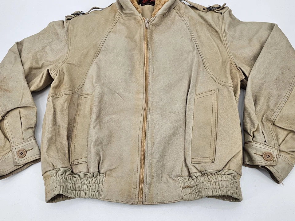 RARE VTG Marigot Leather Aviator Jacket Fur Size Small Beige MADE IN YUGOSLAVIA - Image 4 of 4