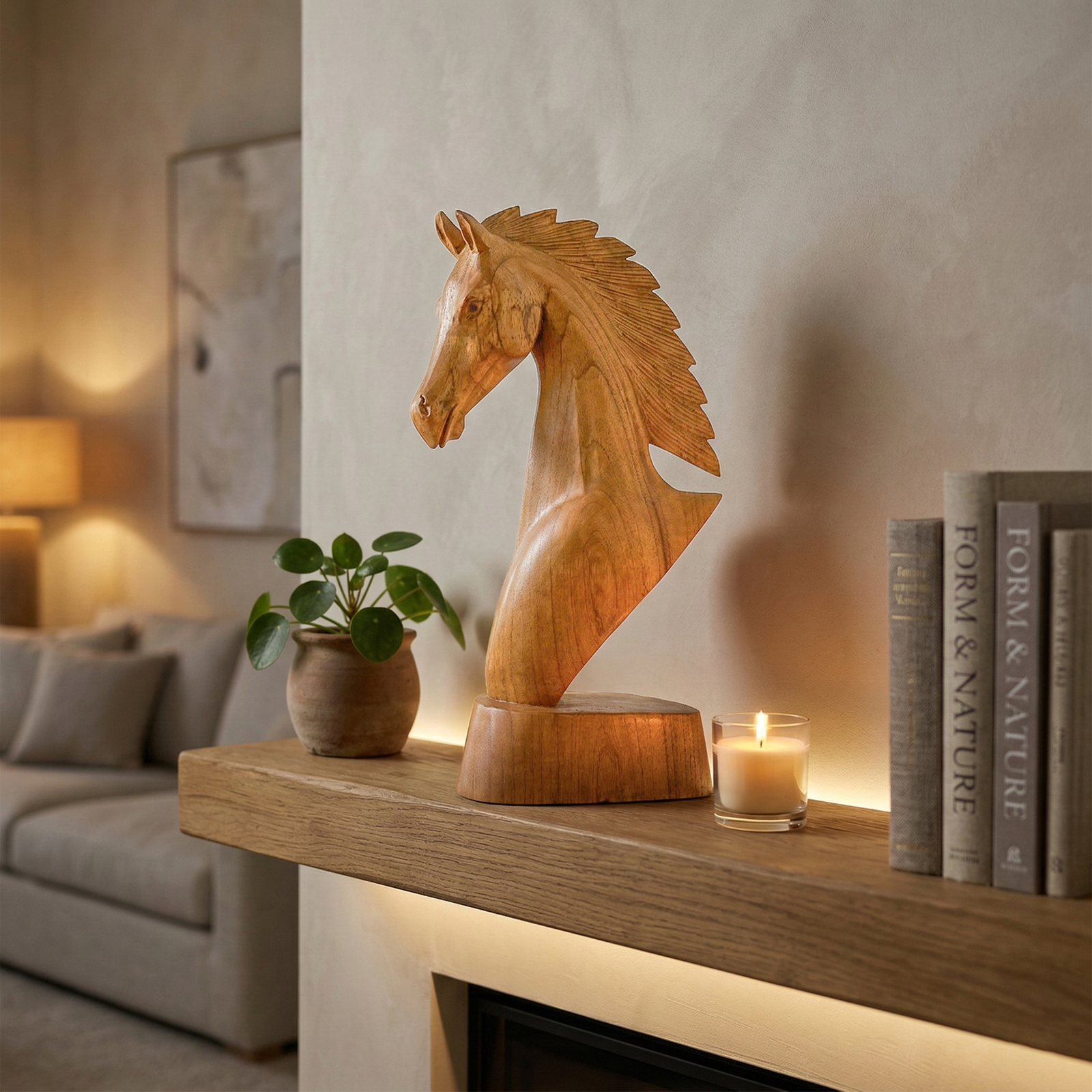 Wooden Hand Carved Horse Head Statue Sculpture Handmade Wood Home Decor