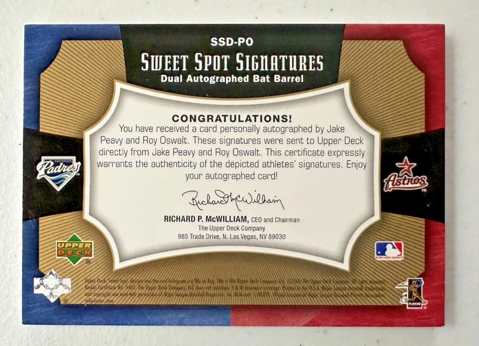 Tarjeta de murciélago autografiada doble Sweet Spot Signatures Jake Peavy Roy Oswalt 2005 15/05 Foto 2 de 2