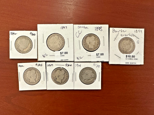 Lot of 7 Amazing Silver Barber Quarters  - 1892-1914  #1601 - Picture 1 of 6