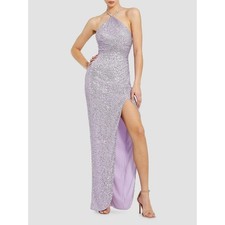 IEENA Mac Duggal Gown Womens 2 Lilac Sequin Halter Ruched Slit Prom 27128