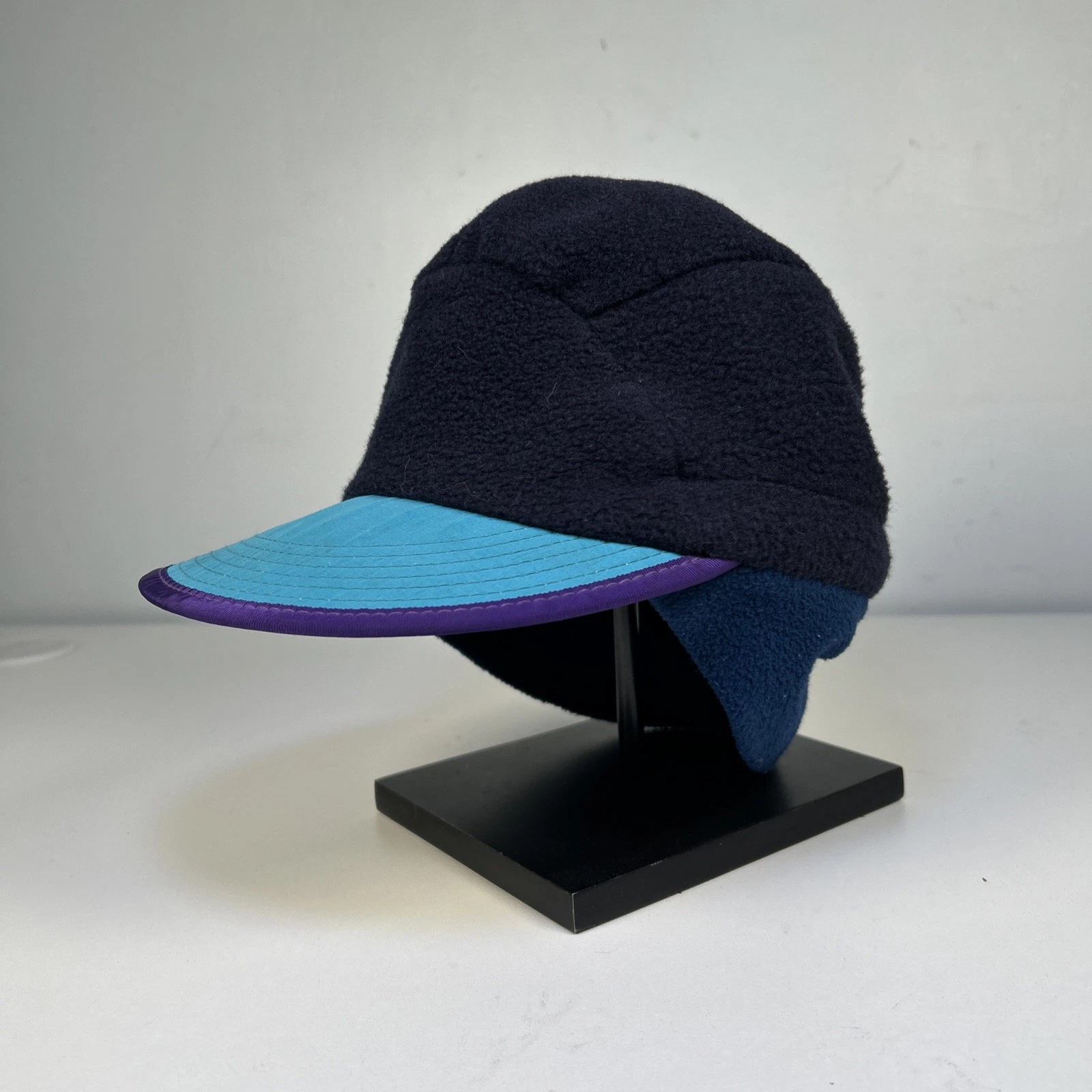 Vintage Patagonia Duckbill Cap Hat with Ear Flaps Fleece Navy Blue Aqua Medium